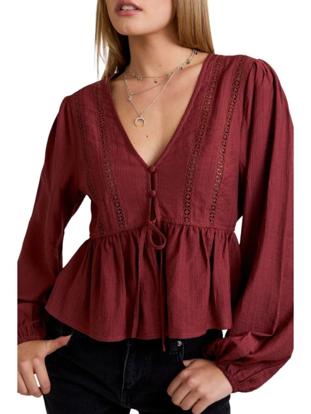 Le Lis Wren Lace Trim Boho Peasant Burgundy Blouse